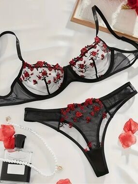 Sheer Black & Red Floral Embroidered Lingerie Set - Women Intimates